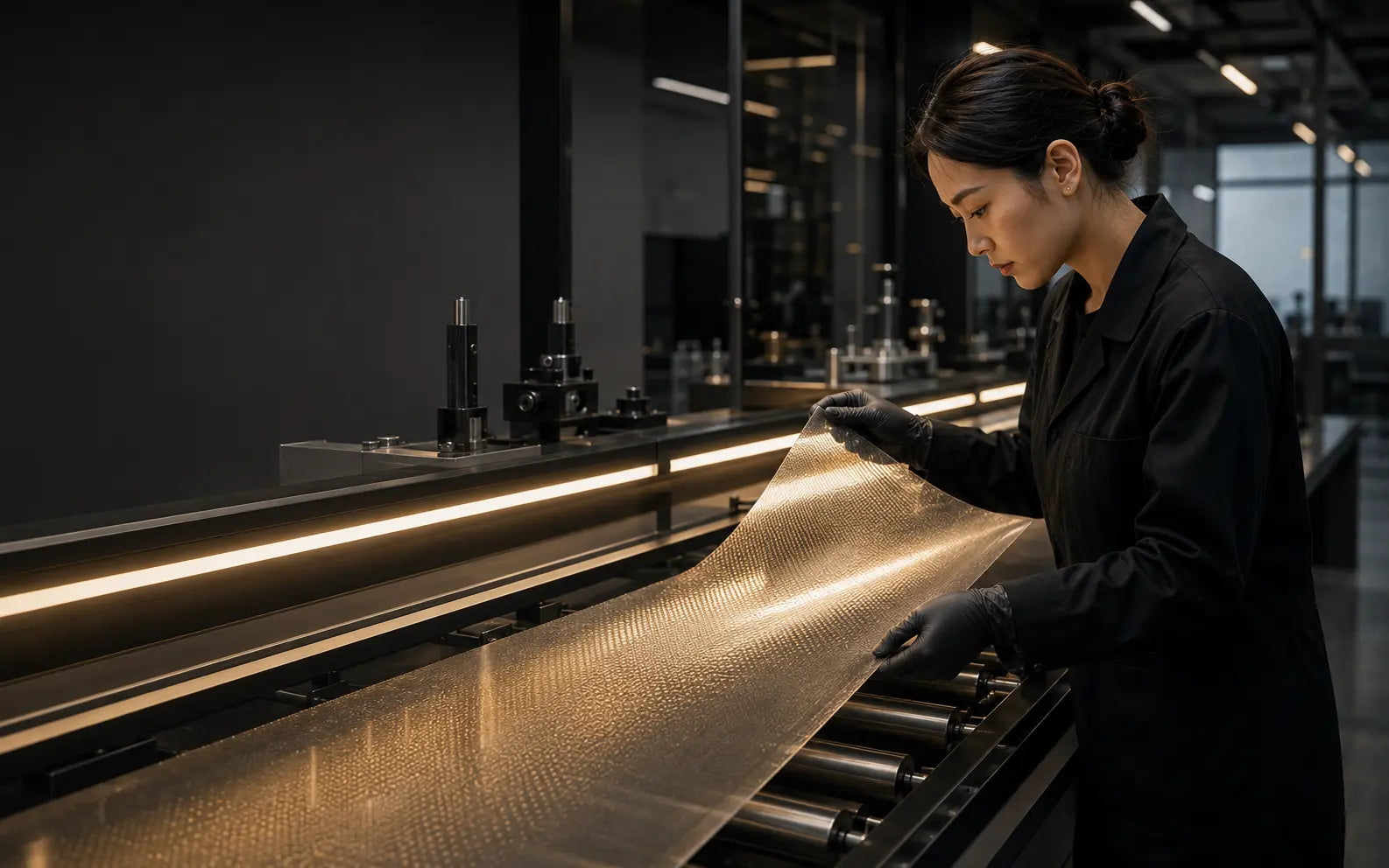 A materials specialist inspecting the patch-inspired surface under warm precision light