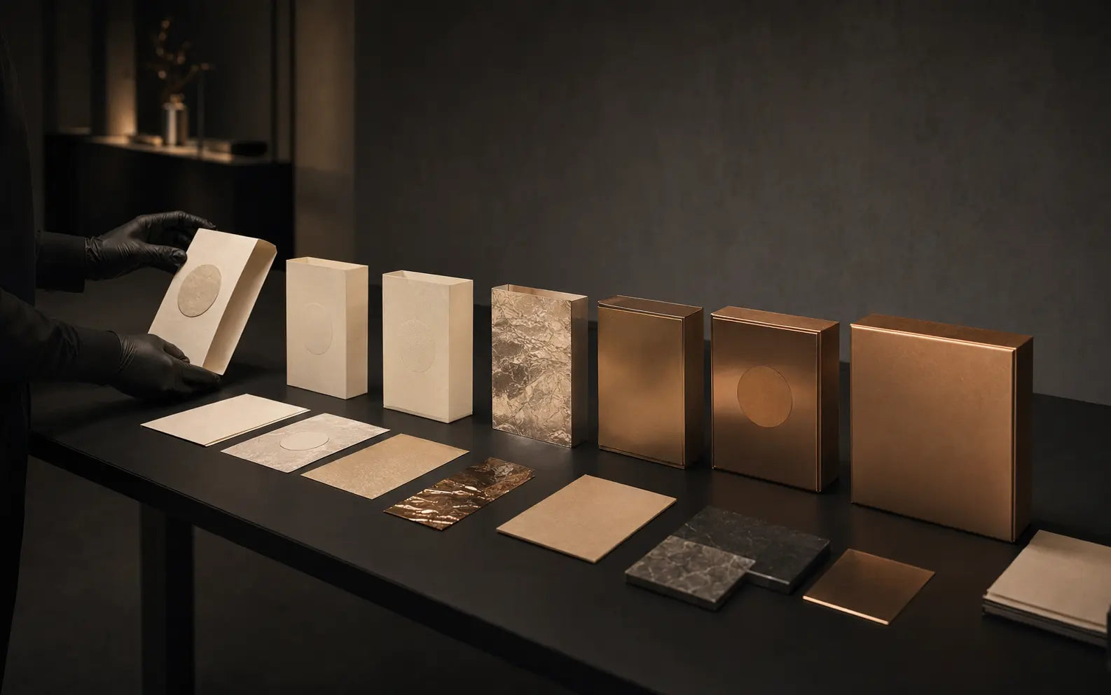 A chronological study of Hiskin packaging forms, papers and bronze finishes