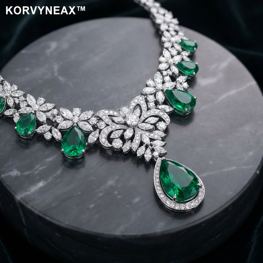 KORVYNEAX™ "Royal Bloom" Vintage-Inspired Pear-Cut Emerald Statement Necklace