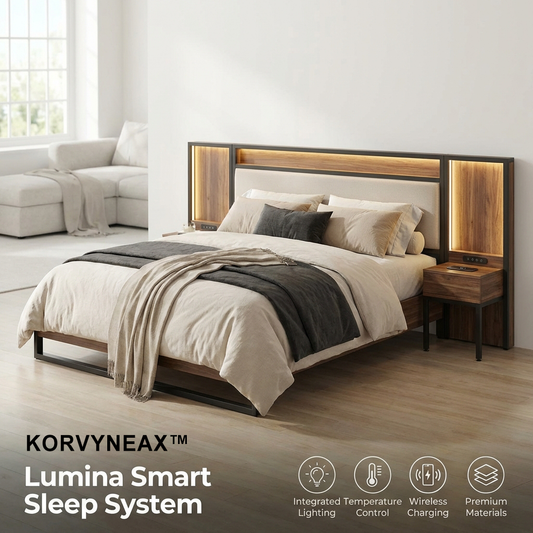 KORVYNEAX™ Lumina Smart Sleep System - Modern Upholstered Platform Bed Frame with Integrated LED Headboard & Wireless Charging