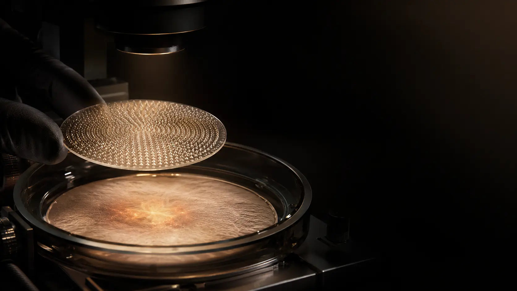 A luminous biomimetic microneedle patch suspended above a warm bronze formulation in the Hiskin laboratory