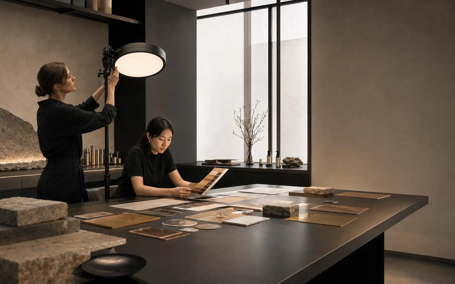 Designers studying light and bronze material tones in the Hiskin atelier