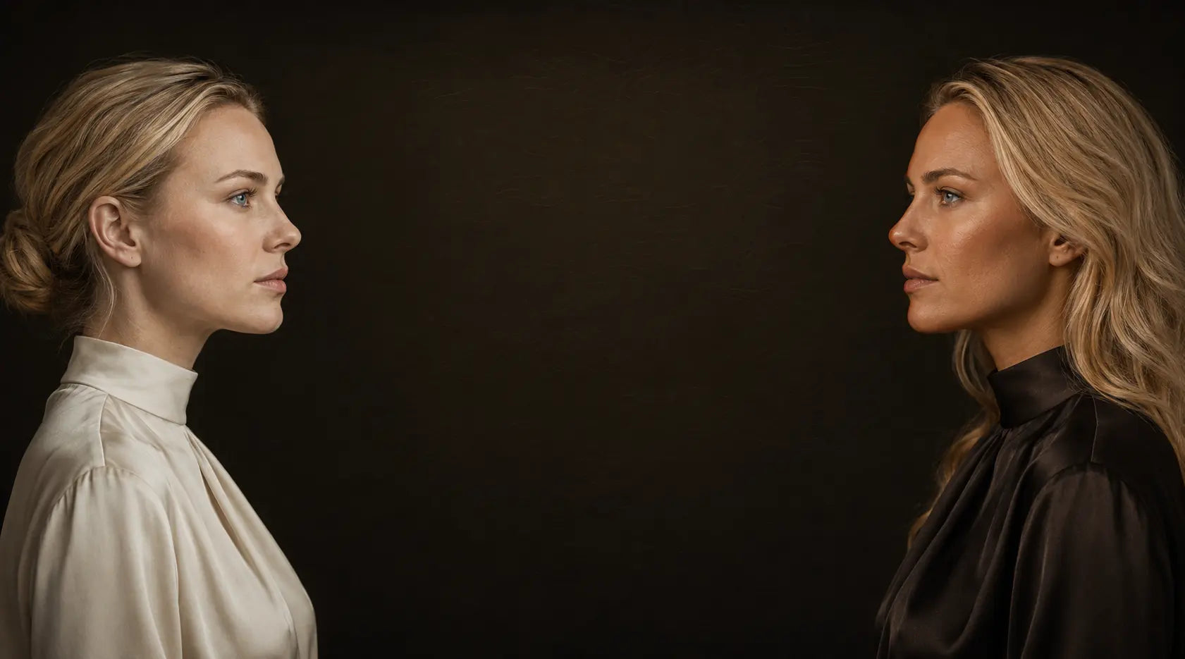The same blonde woman after the Hiskin ritual, with a softly bronzed complexion, loose waves and dark silk